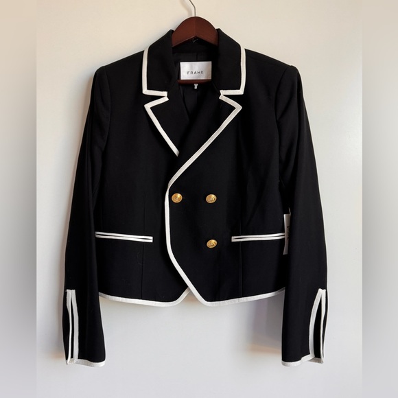FRAME Contrast-Trim Double-Breasted Blazer Women 10 Black White Wool Sailor gold - Picture 3 of 16